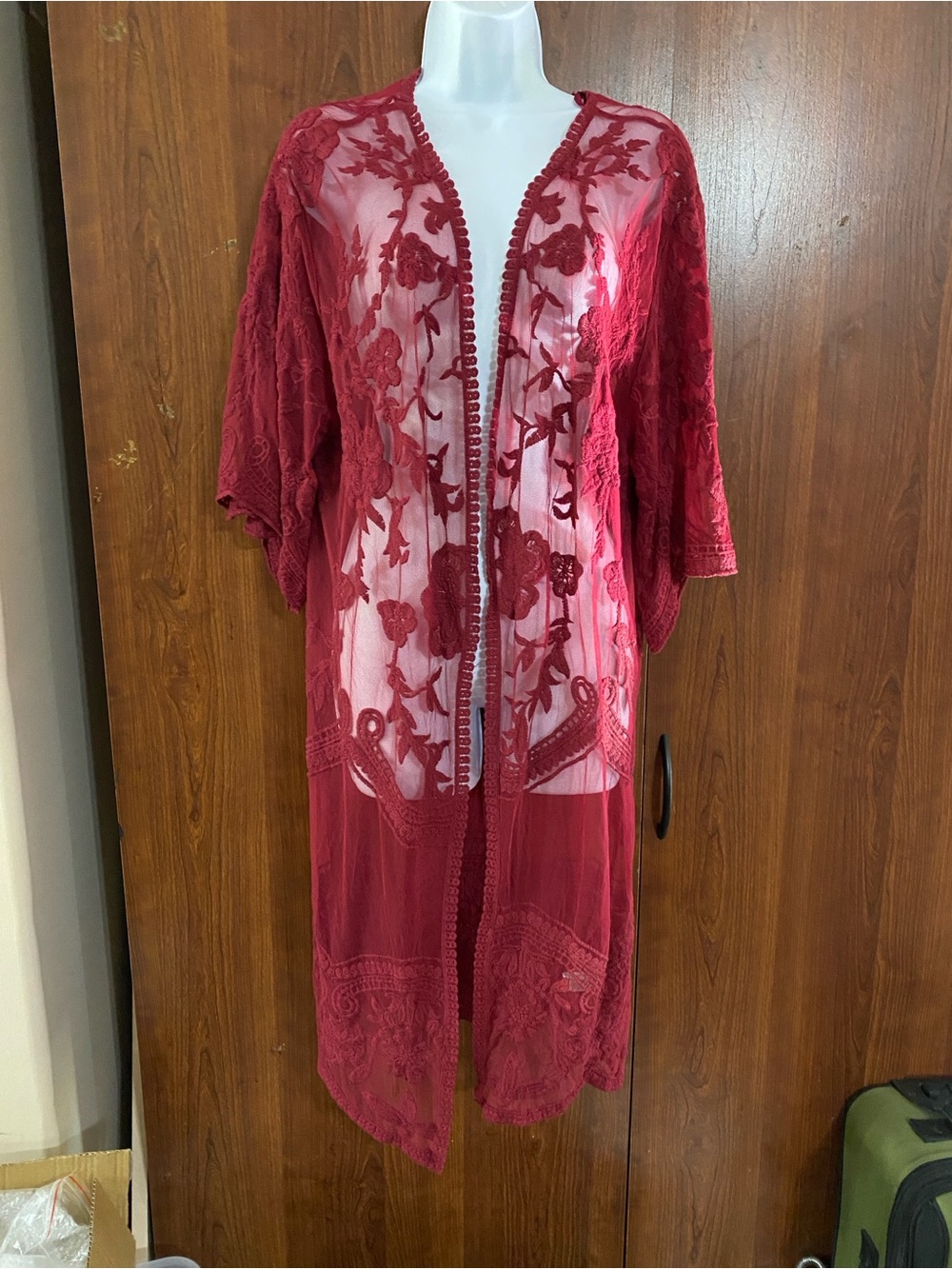 Now N Forever Sheer Embroidered Long Kimono Robe - Burgundy jacket cover